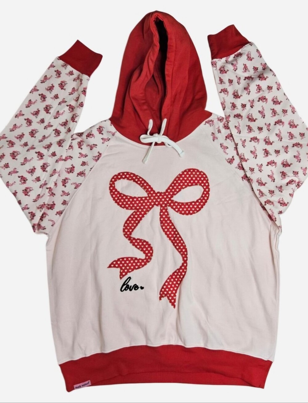 Simply Southern white & red hoodie with red bow graphic & small red floral print